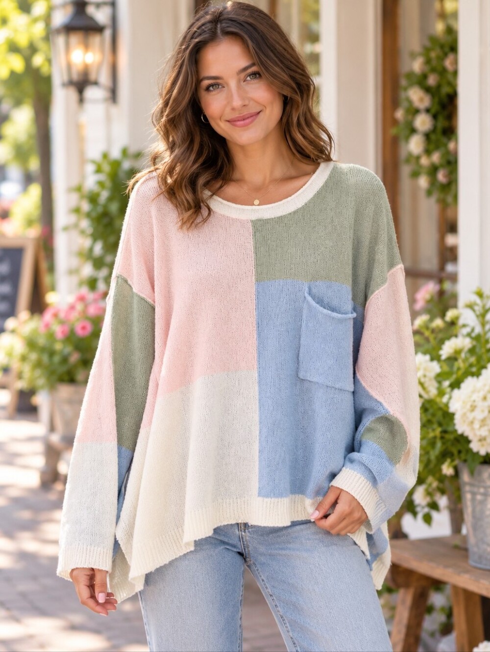 Peach Love California Size L Pastel Colorblock Oversized Knit Sweater